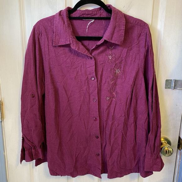 Women’s Size XL Linen Button Up Shirt Relaxed Fit Purple Floral Embroidery Beach - Picture 1 of 5